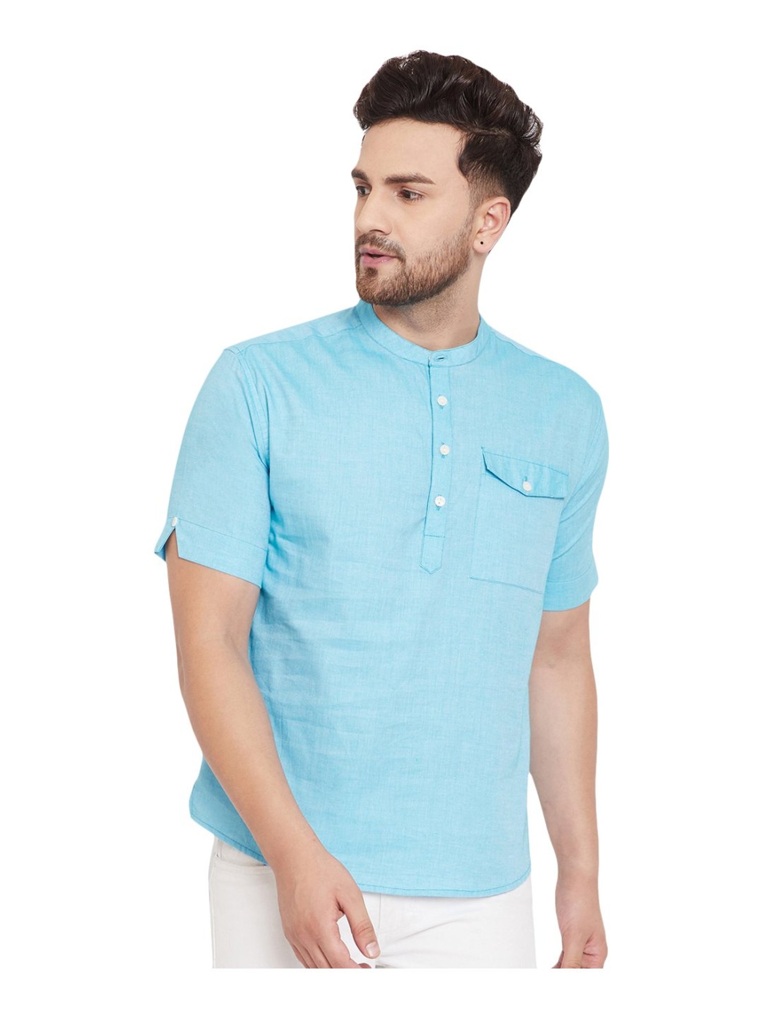 Even Sky Blue Cotton Regular Fit Short Kurta