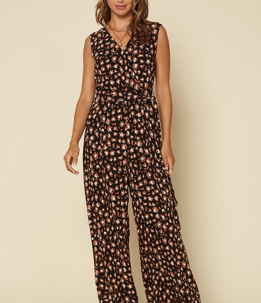 Skies Are Blue Leopard Print Surplice V-Neck Self Tie Belt Sleeveless Jumpsuit