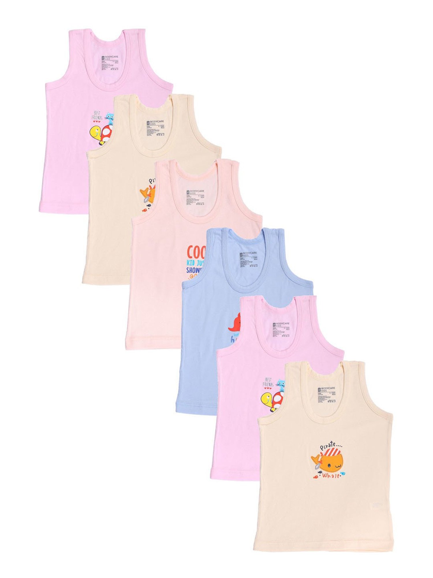 Bodycare Kids Assorted Printed Vests(Pack Of 6)