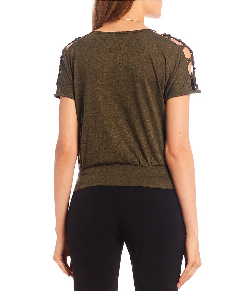 I.N. San Francisco Lattice Short-Dolman Sleeve Solid Knit Top