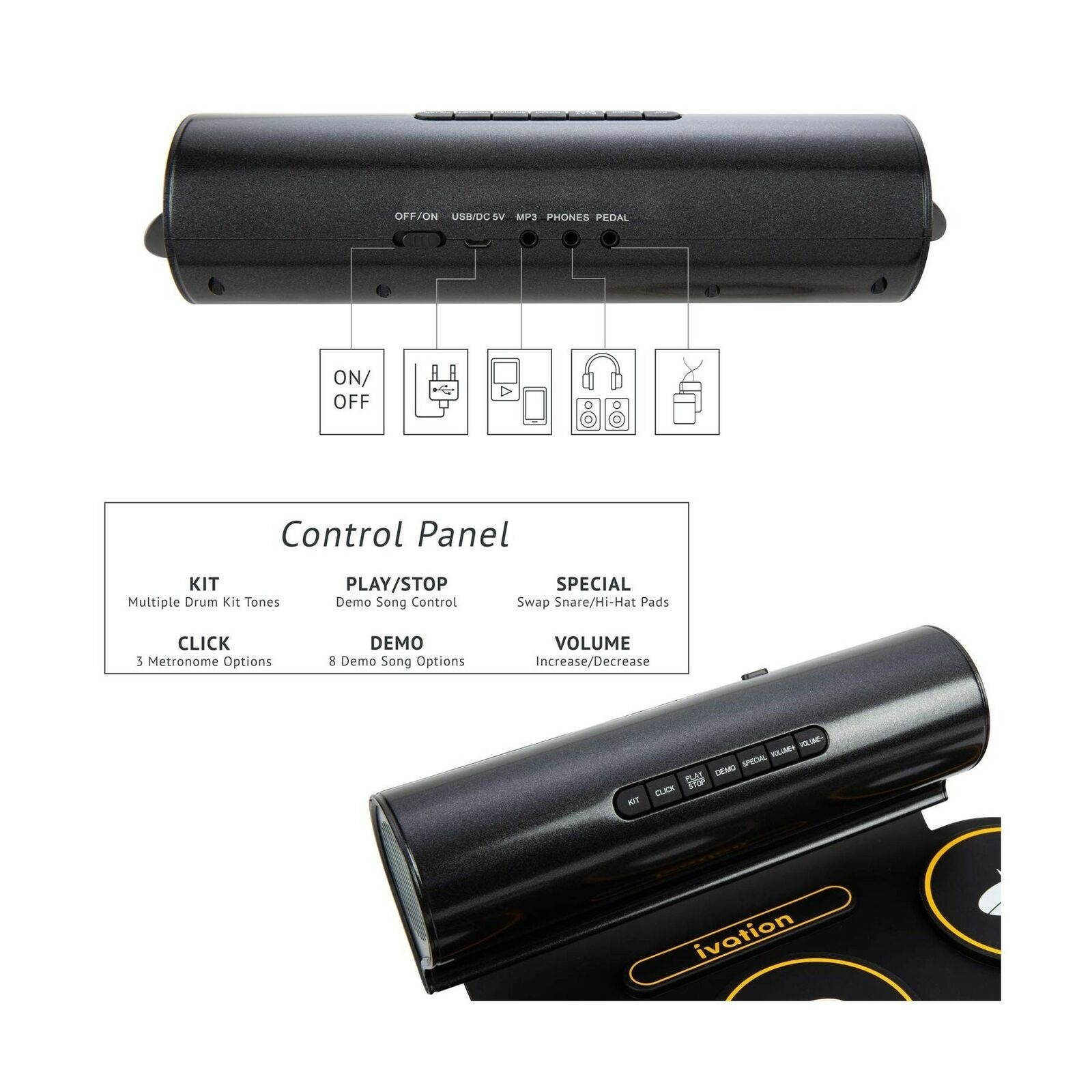 Ivation Portable Electronic Drum Pad - Digital Roll-Up Touch Sensitive Drum P...