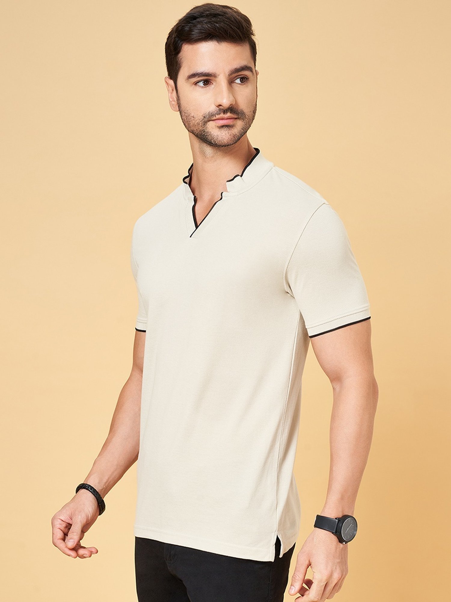 Byford by Pantaloons Beige Cotton Slim Fit T-Shirt