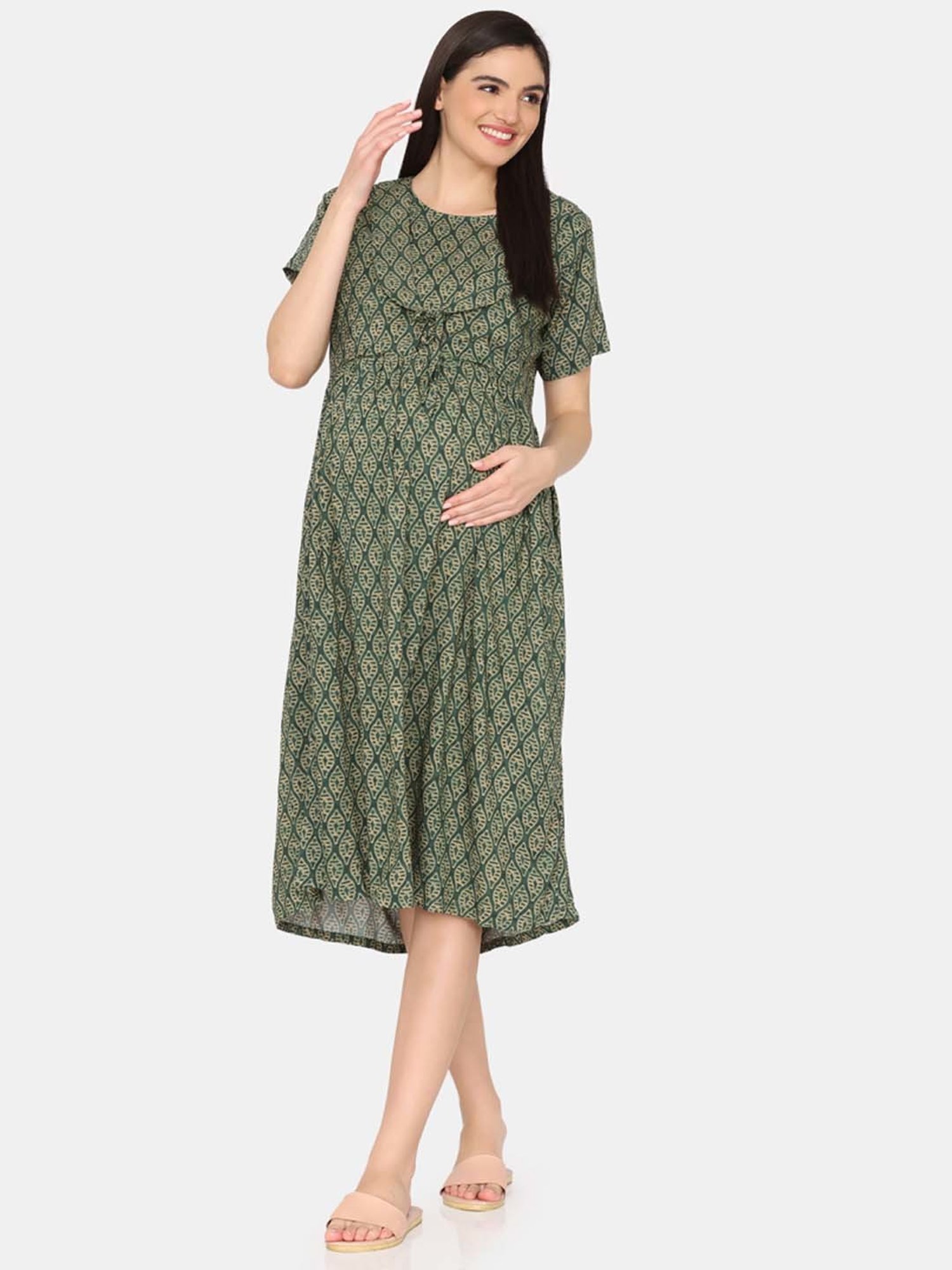 Coucou by Zivame Green Printed Maternity Night Dress