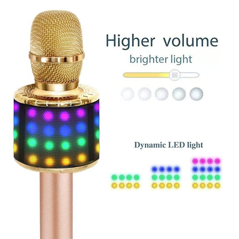 Wireless Bluetooth Karaoke Microphone with Multicolor LED Lights 4 in 1 Portable Handheld Home Party Karaoke Speaker Machine for AndroidiPhoneiPadSonyPCGolden