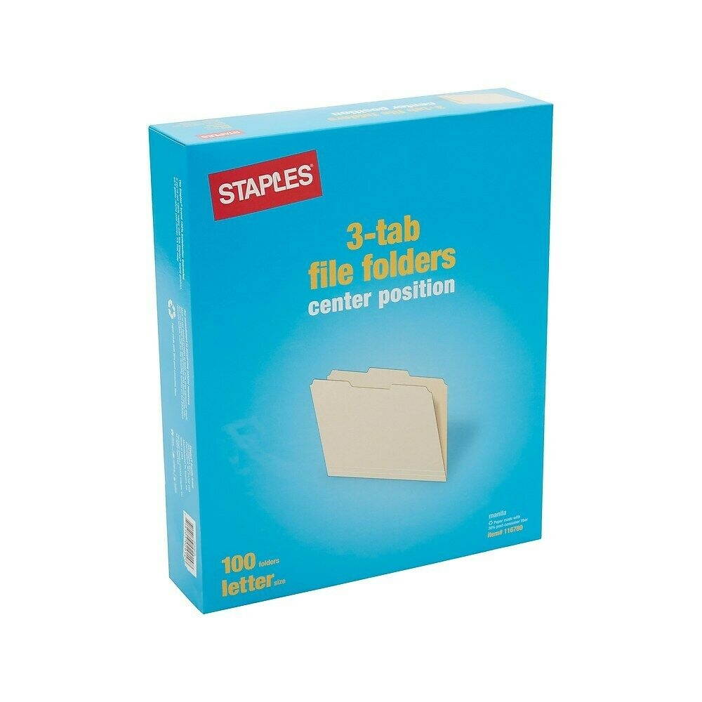 Staples Manila File Folders 3-Tab Center Position Letter 100/Box (116780)