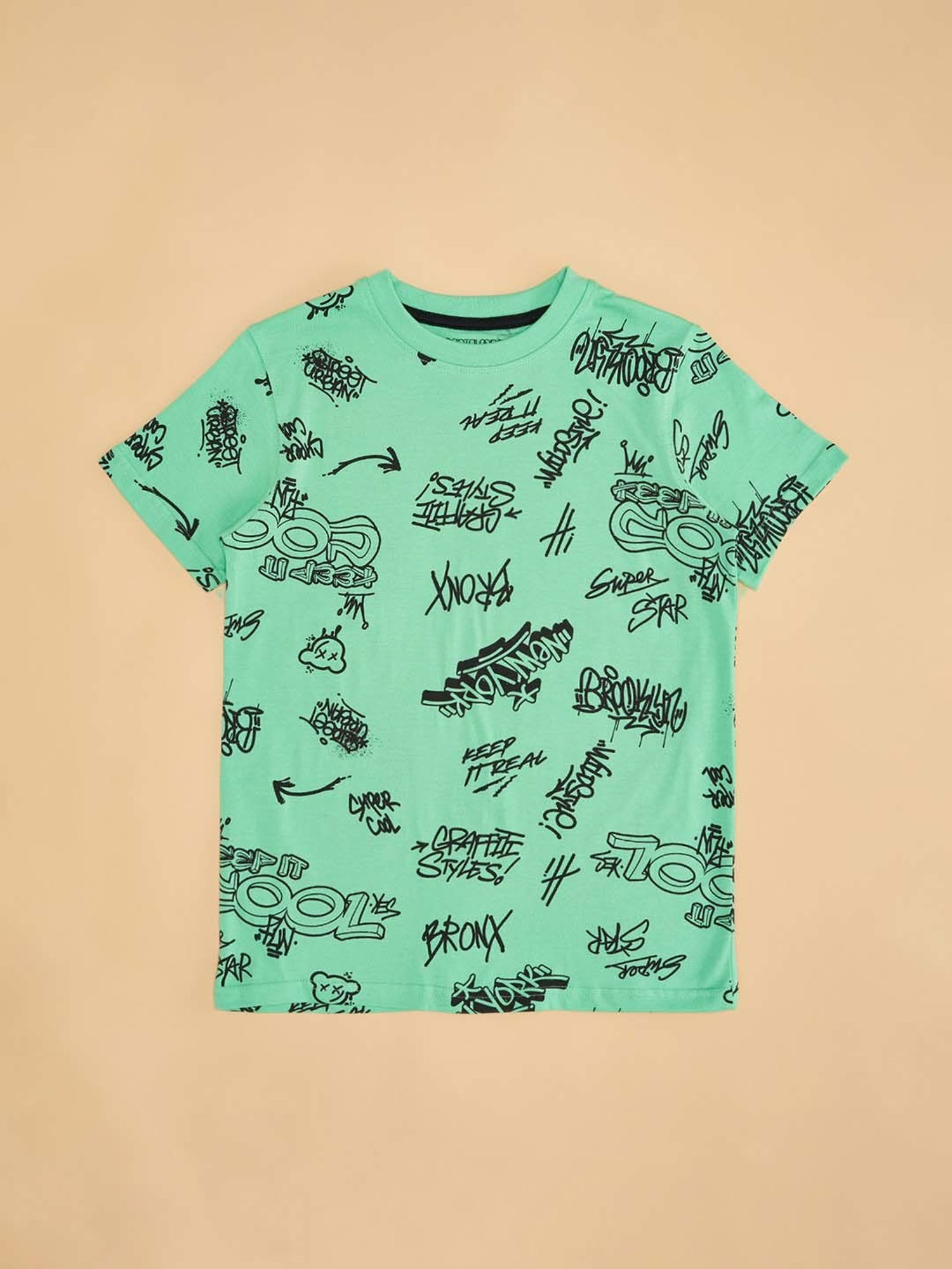Pantaloons Junior Patina Green & Black Cotton Printed T-Shirt