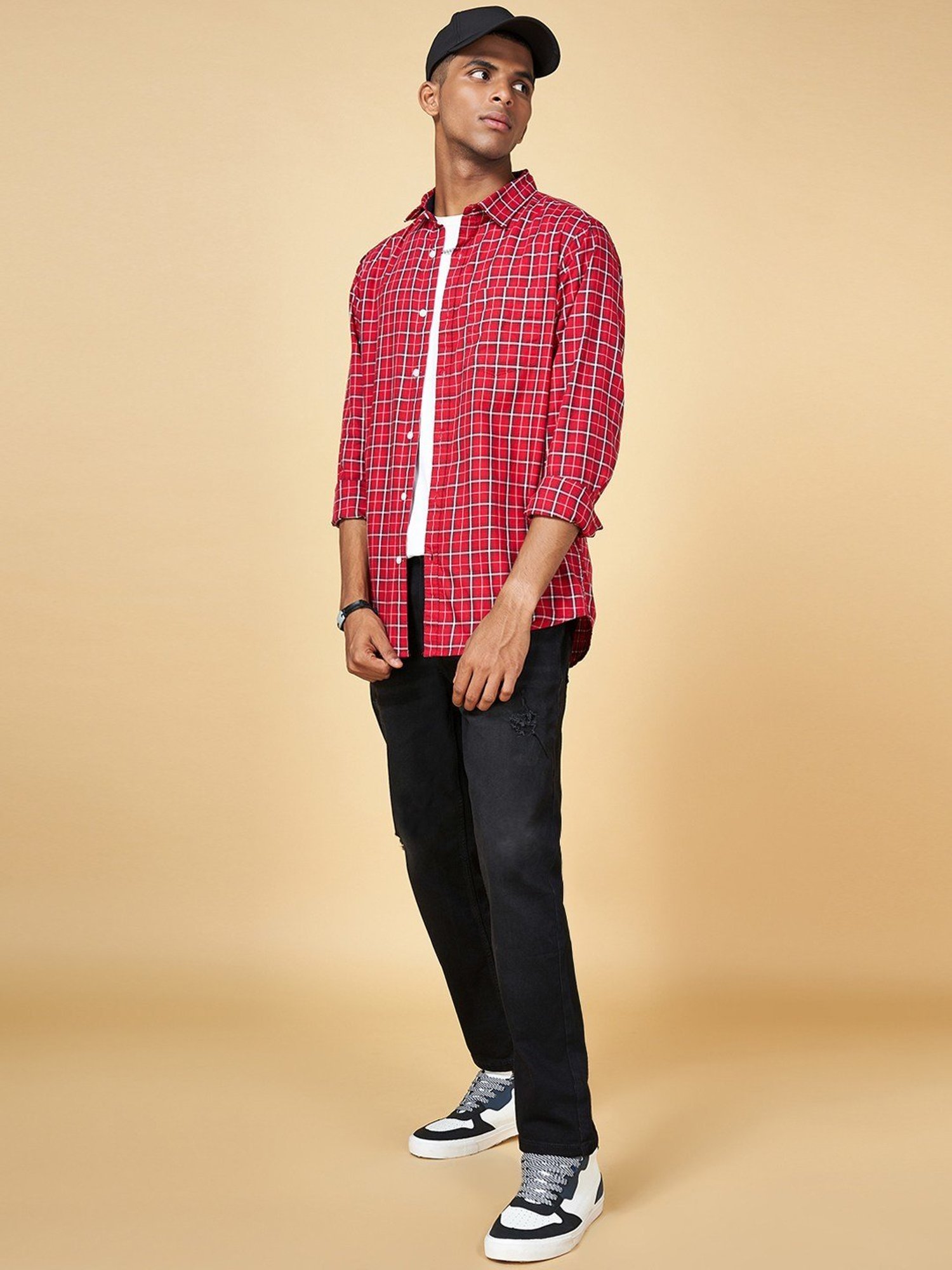 YU by Pantaloons Dark Red Cotton Slim Fit Checks Shirt