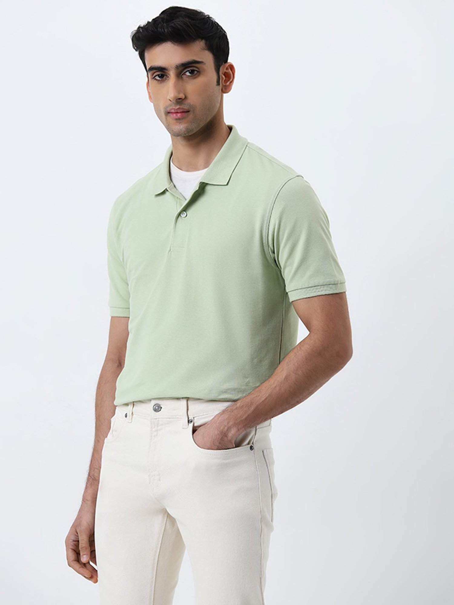 WES Casuals by Westside Mint Slim-Fit Polo Cotton Blend T-Shirt