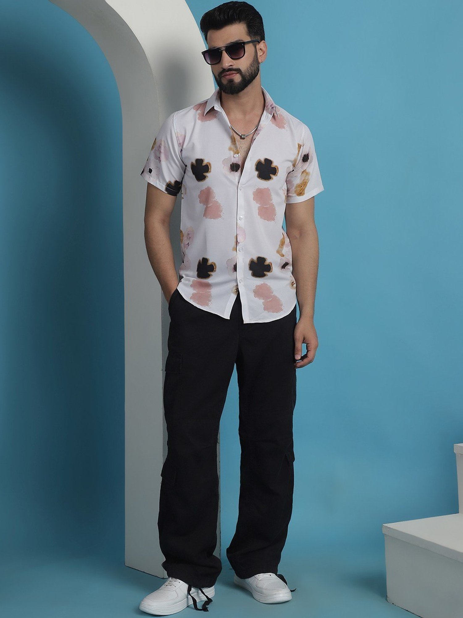 Indian Needle Peach Cotton Regular Fit Floral Print Shirt
