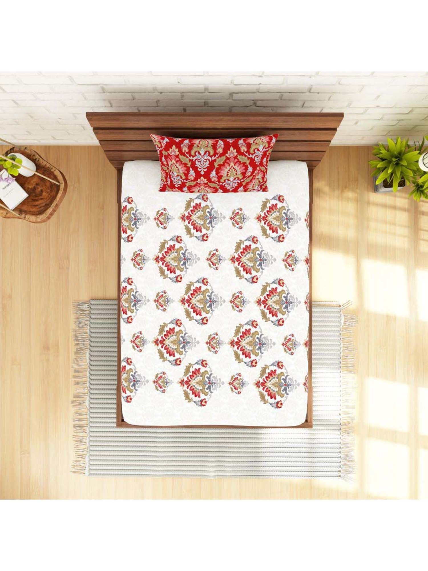 Spaces Atrium Red & Off White Cotton 144 TC Bed Sheet Set