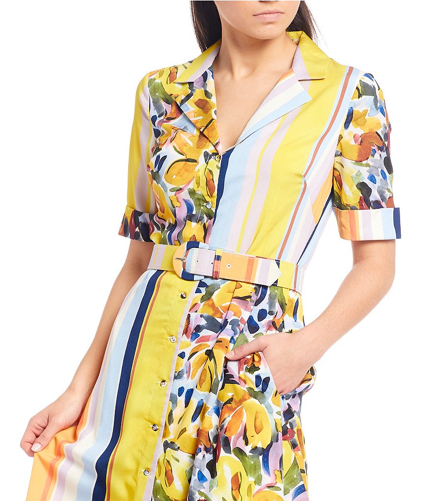 Badgley Mischka Stripe Floral Button Front Belted Midi Swing Dress