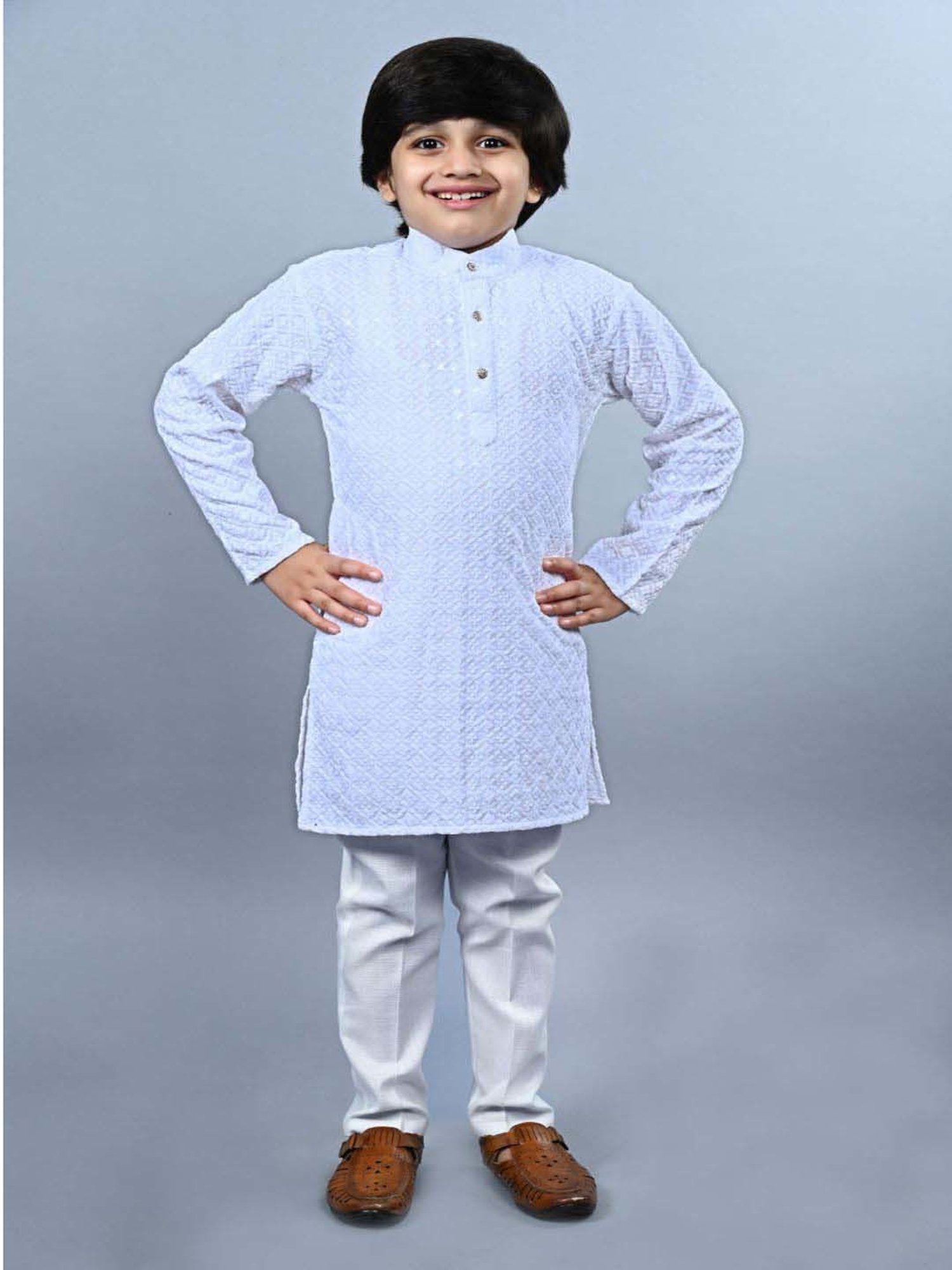 Ahhaaaa Kids Blue & White Cotton Embroidered Full Sleeves Kurta Set