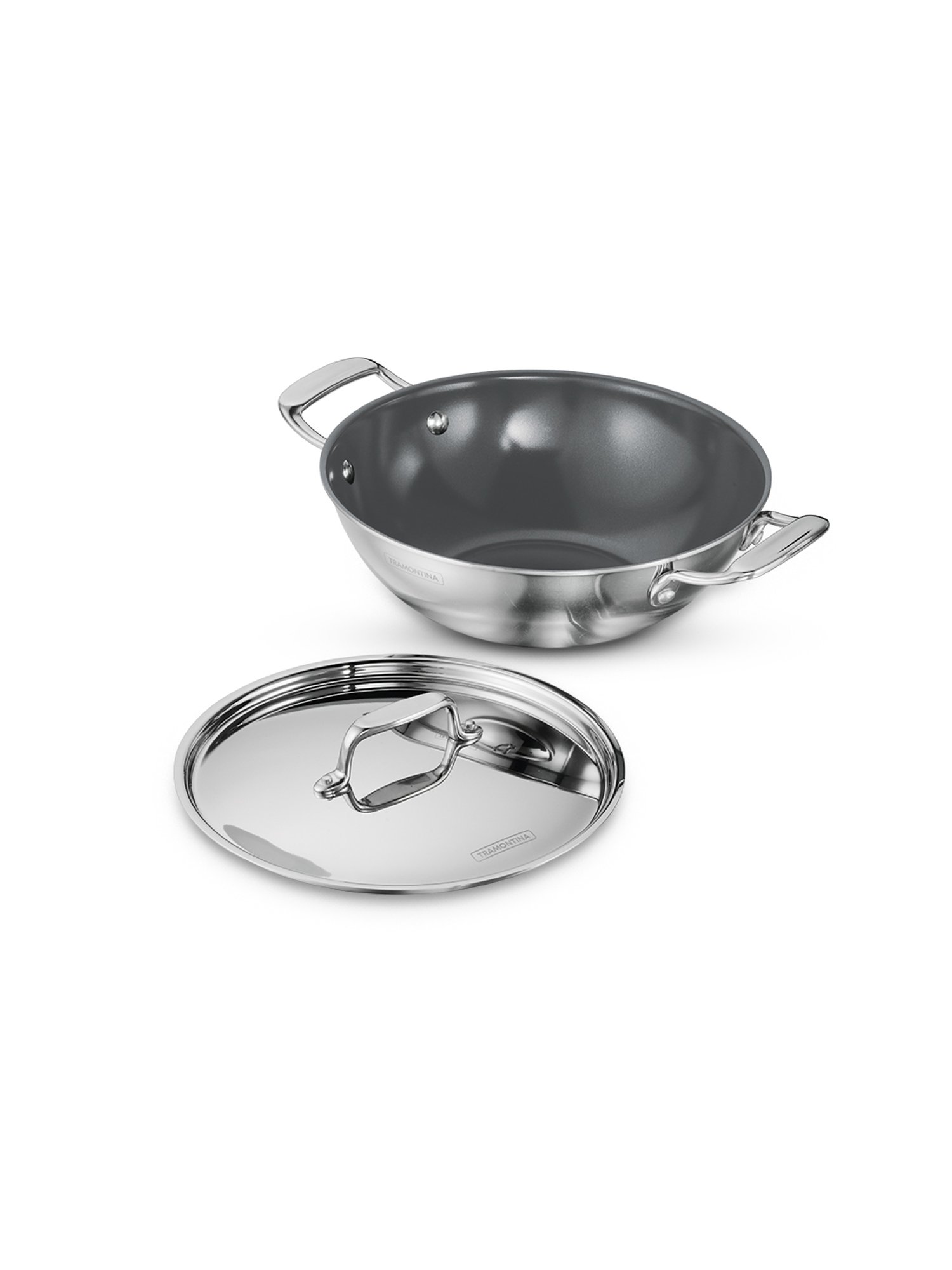 Tramontina Fusao Non-Toxic Triply Stainless Steel Ceramic Kadai with lid 24cm/2.6L Induction Base
