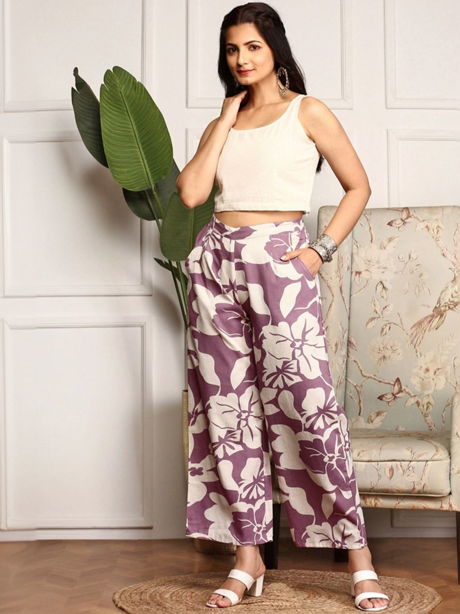 Ishin Purple & White Floral Print Top & Palazzo Set with Jacket