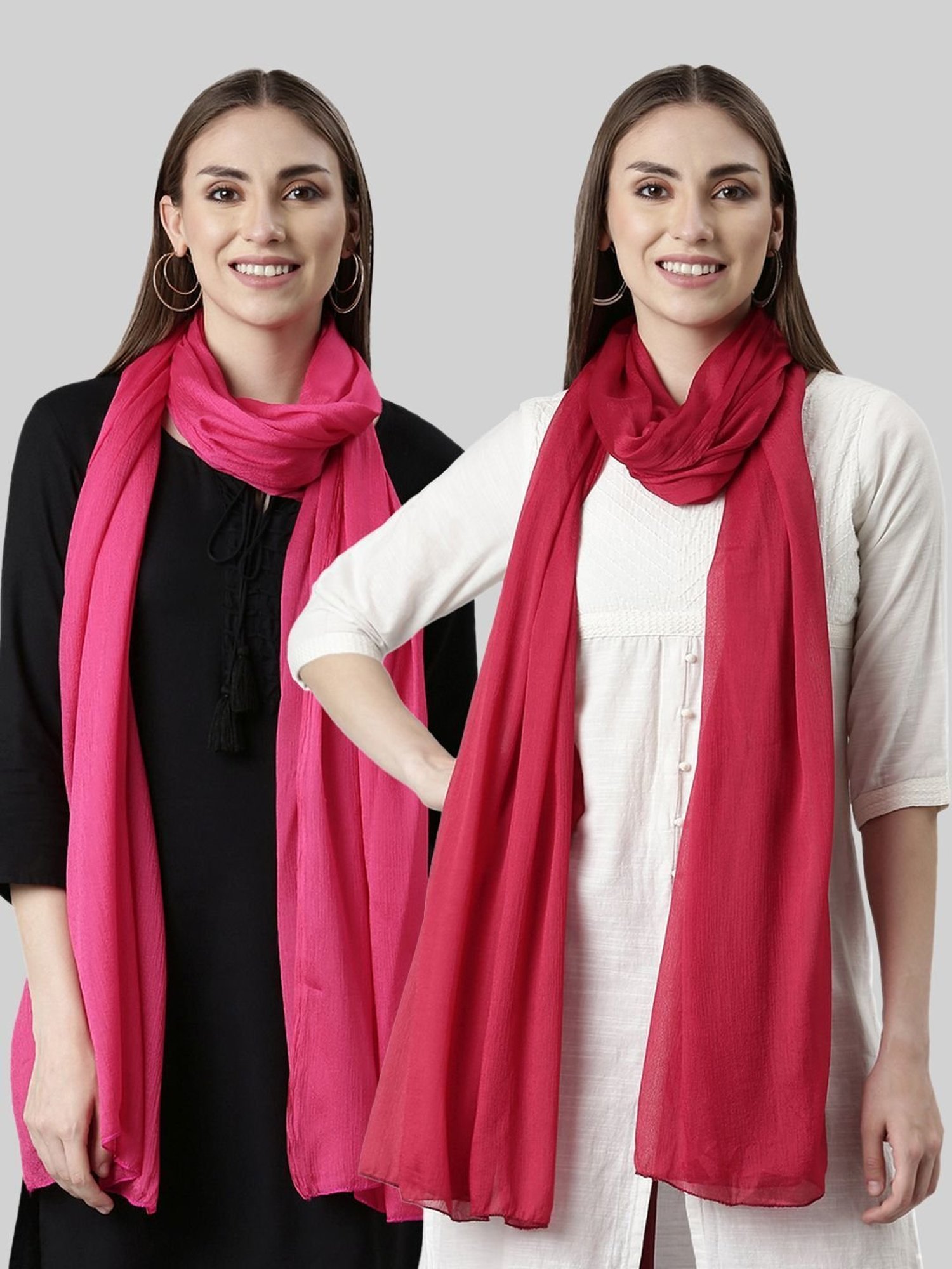 TWIN BIRDS Pink & Red Plain Dupatta - Pack Of 2