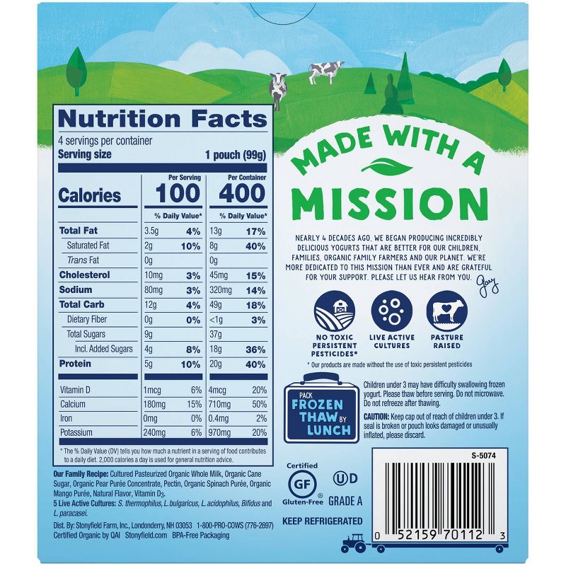 Stonyfield Organic Whole Milk Pear Spinach Mango Kids' Yogurt Pouches - 4pk/3.5oz