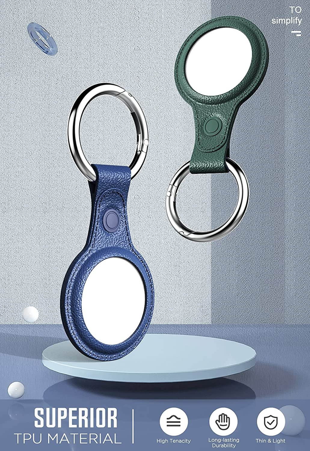 MoKo Key Ring Case for AirTag Finder 2021, 2-Pack Anti-Lost Air Tag Case with Keychain, Leather Pattern TPU Cover for AirTag Tracker Holder for Pets, Keys, Backpacks Indigo & Midnight Green