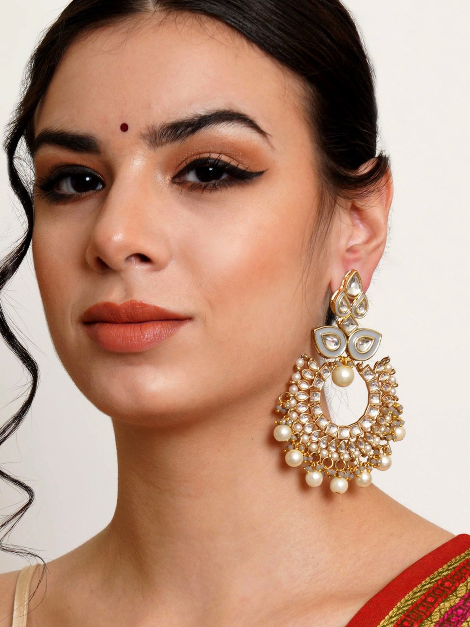 Karatcart Gold-Plated Grey Meena Kundan Chand Bali Earrings