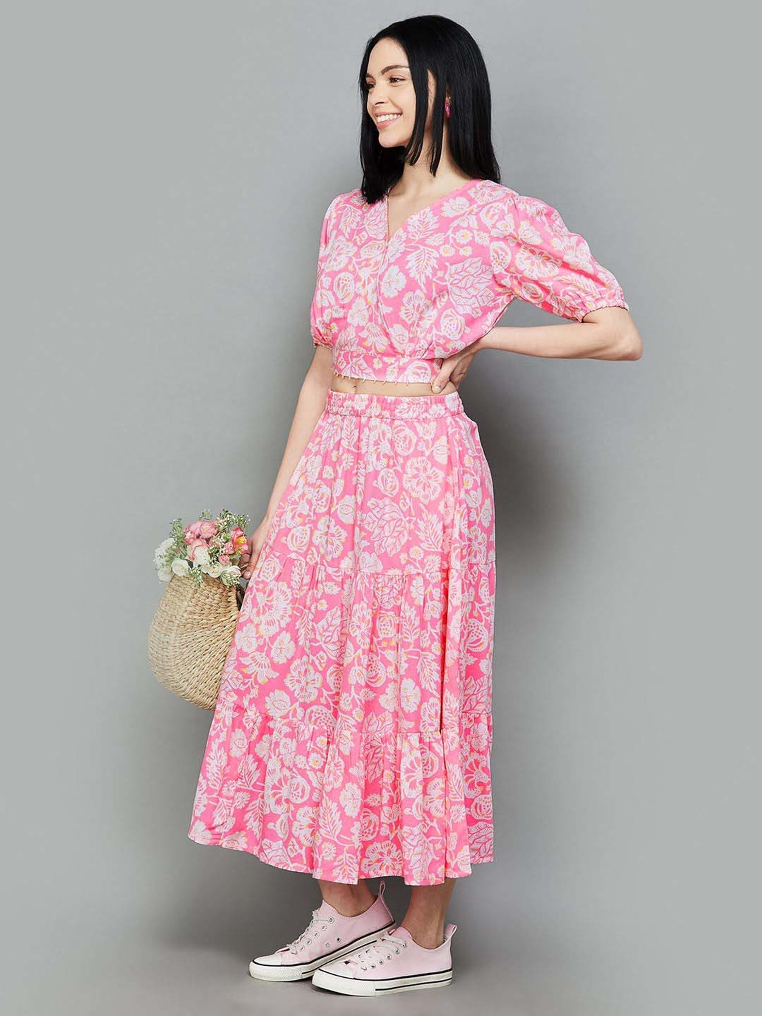 Colour Me by Melange Pink Printed A-Line Skirt