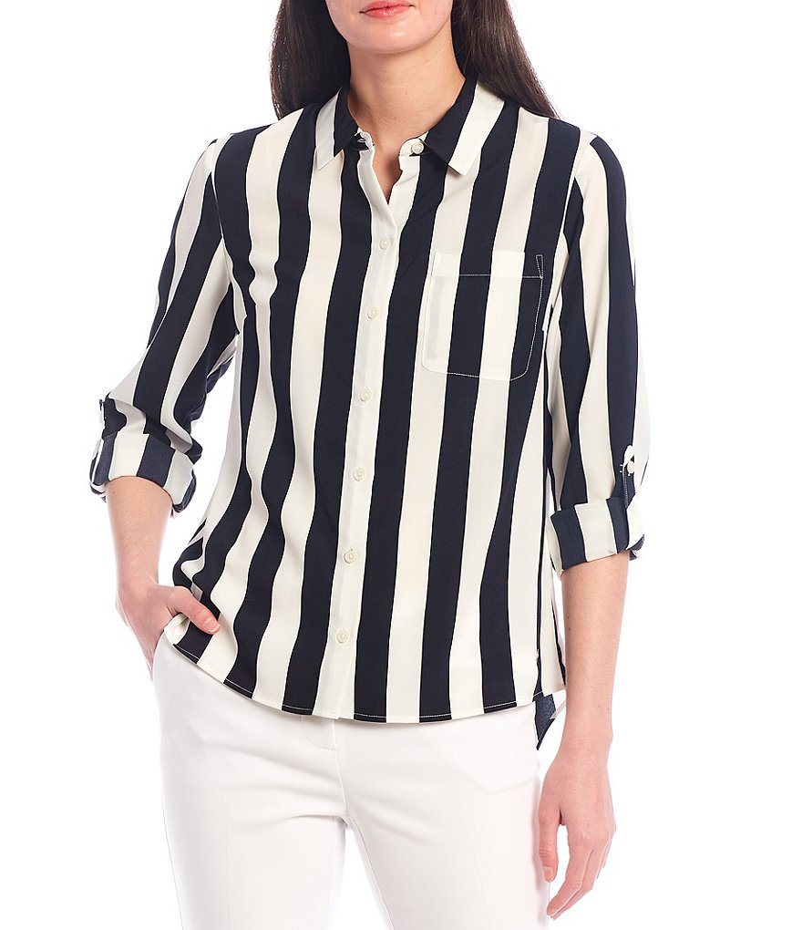 Tommy Hilfiger V-Neck Long Sleeve Printed Button Front Blouse