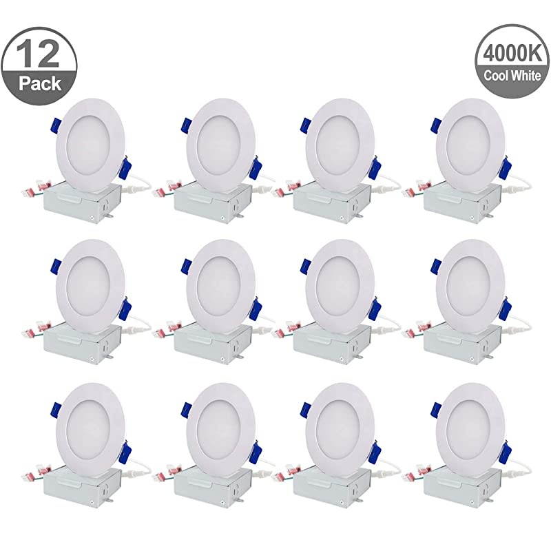 LED 12 Packs 4 Inch Recessed Low Profile Slim Panel Light with Junction Box IC Rated Air Tight 120VAC 9W 550 Lumens 4000K Cool White CRI80+ Dimmable Damp ETL + Energy Star