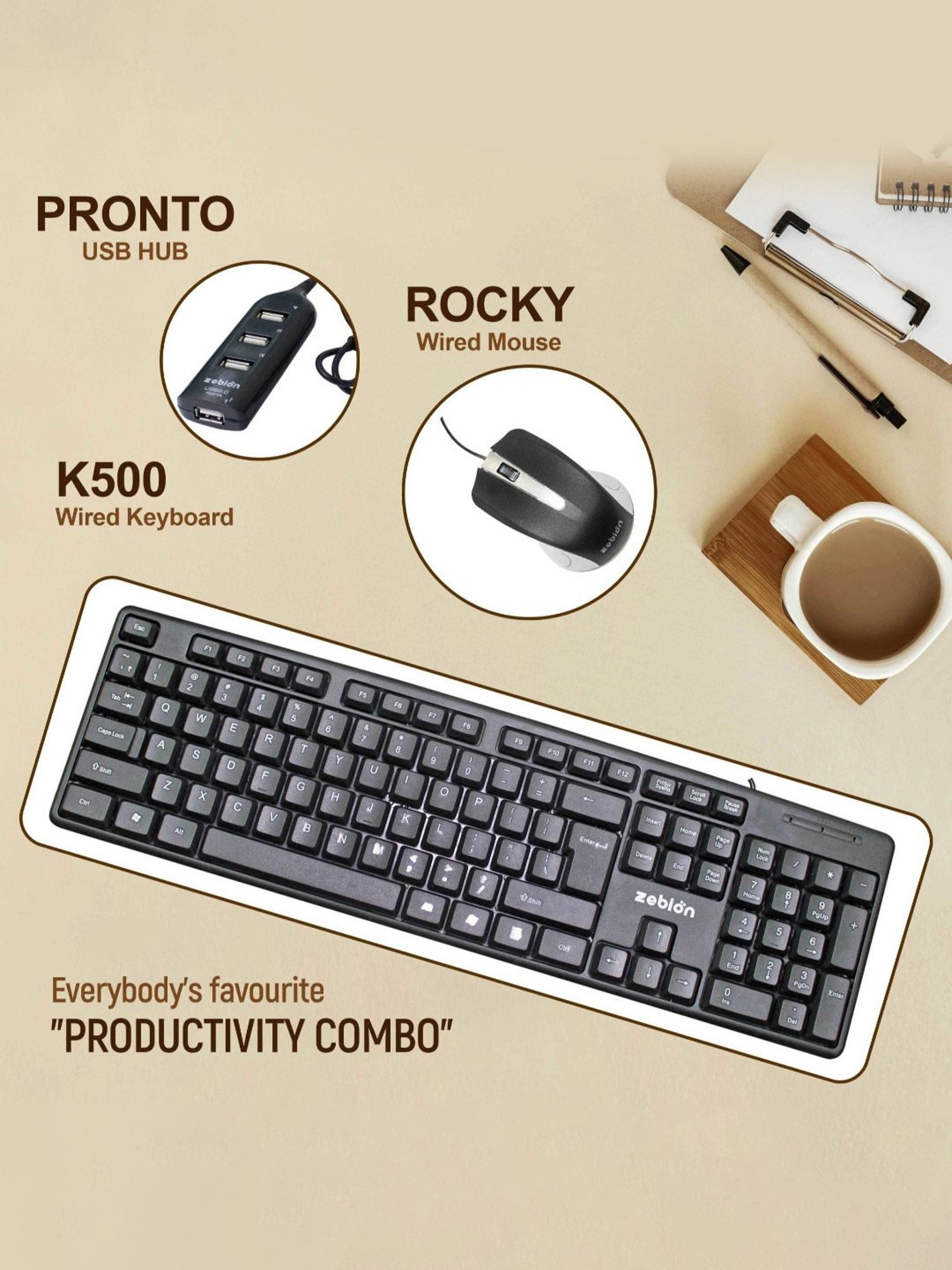Zebion K500 Wired Keyboard, Rocky Wired Mouse Combo Set with Pronto 101 USB Hub (Black)
