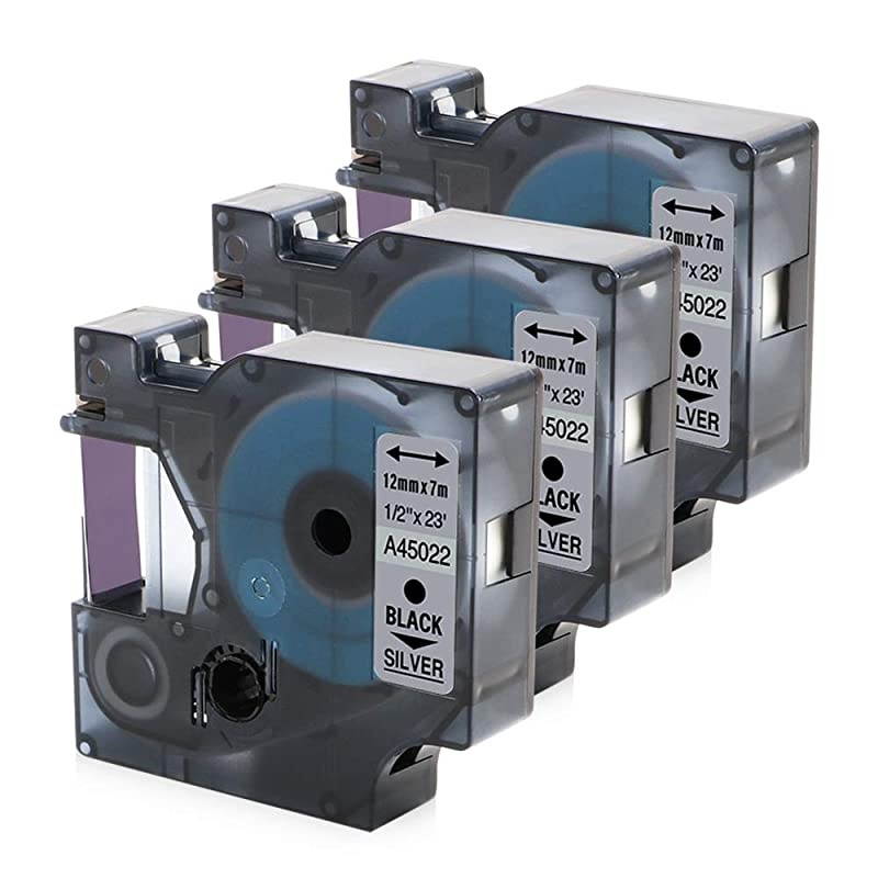 Compatible Label Tape Replacement for Dymo 45022 12Inch x 23 Feet Compatible with Dymo Label Printers LM160 PnP 220P 360D 450 210D Black on Silver 3Pack