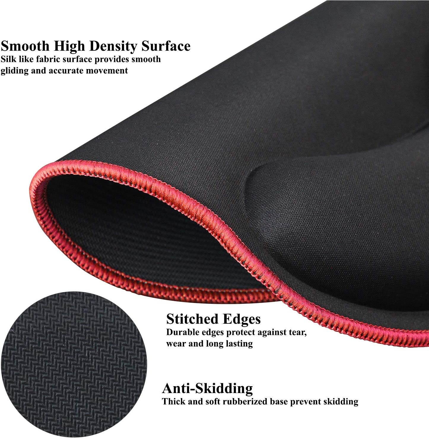 Meffort Inc Mouse Pad with Wrist Rest Support & Stitched Edges, Durable Ergonomic Gaming Mousepad - Black with Red Edges