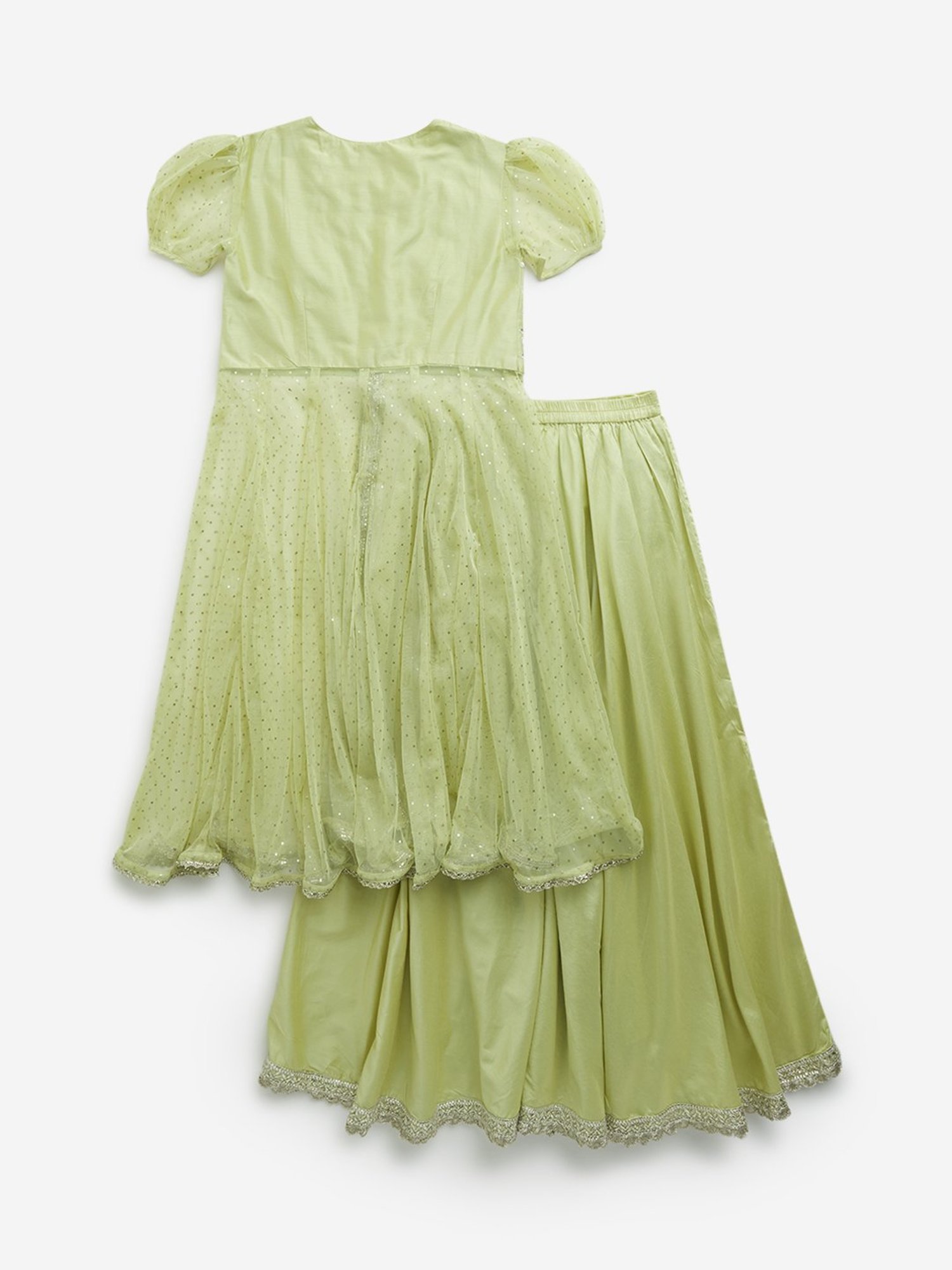 Utsa Kids by Westside Lime Floral Embroidered Kurta with Skirt Set