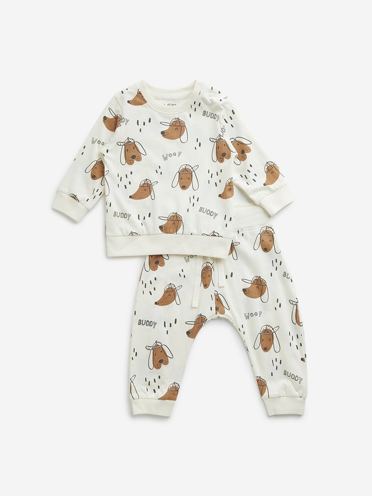HOP Baby by Westside Off-White Dog Printed Cotton T-Shirt & Joggers Set