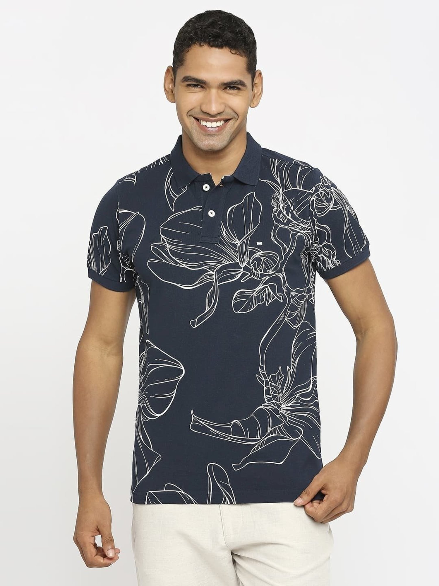 Basics Grey Cotton Muscle Fit Printed Polo T-Shirt