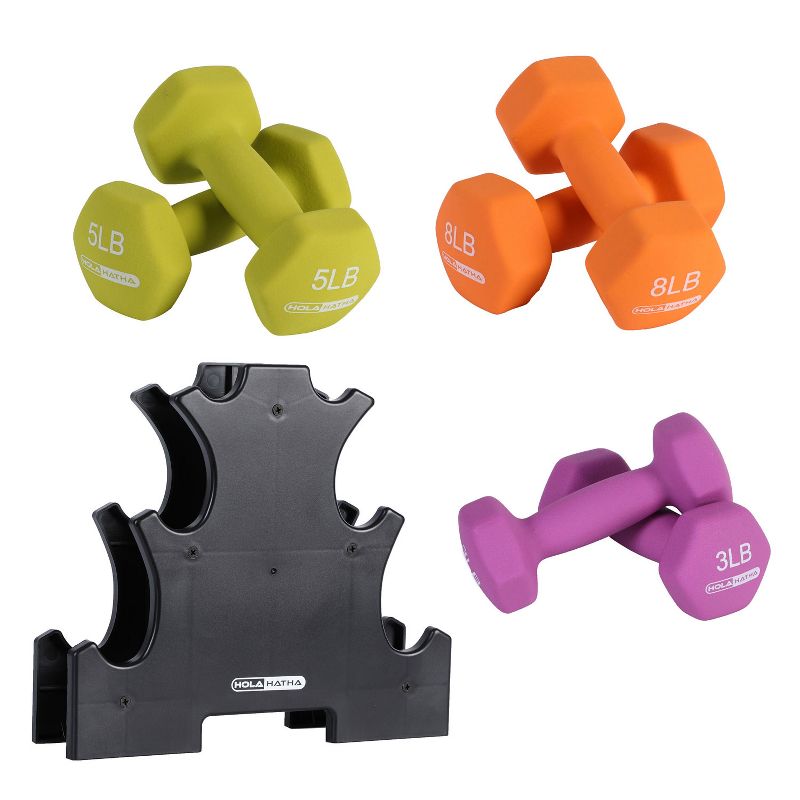 HolaHatha Hex Dumbbell Weight Training Home Gym Equipment Set with 3, 5 and 8 Pound Fitness Hand Weights and Storage Organization Rack