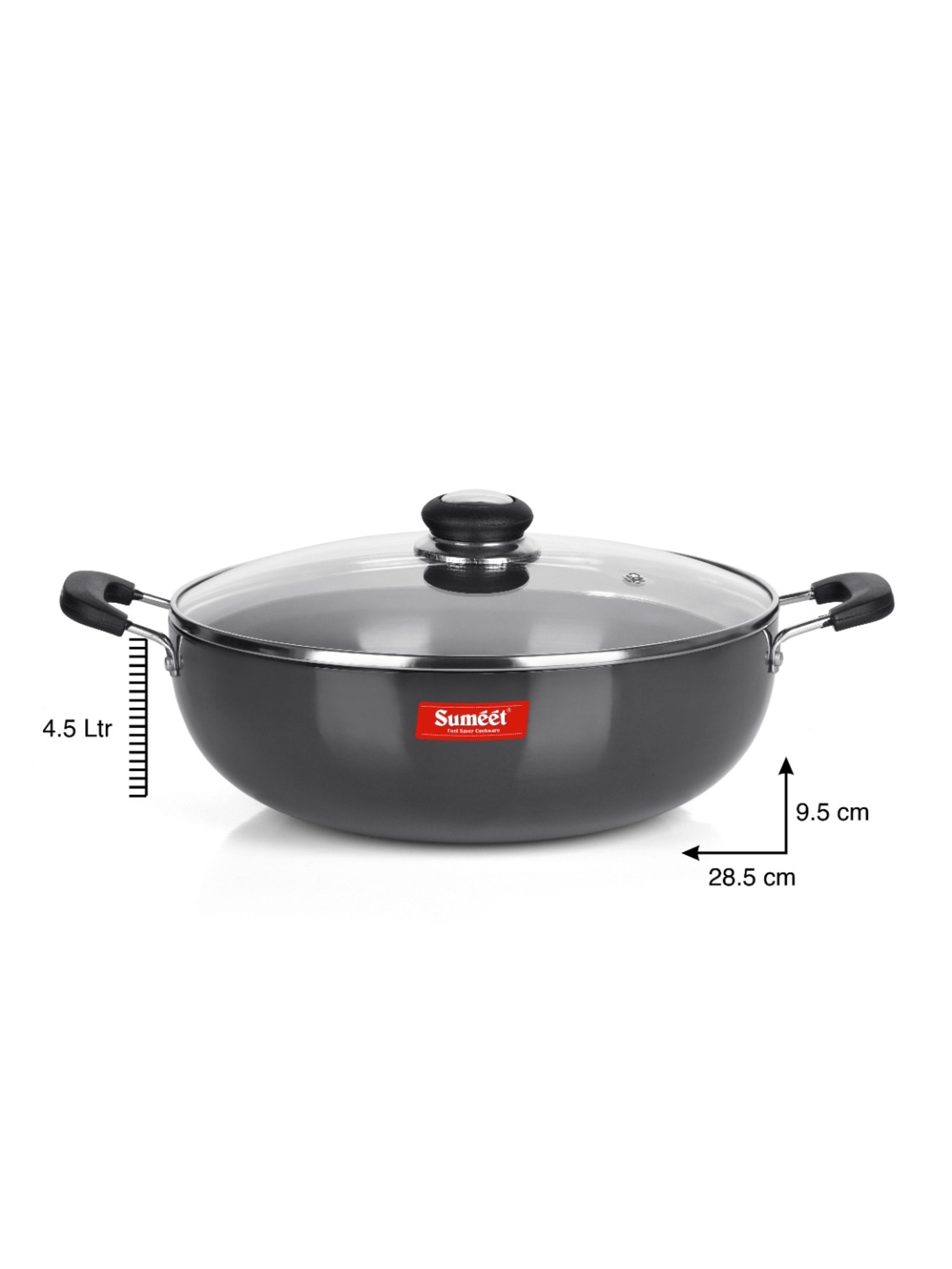 Sumeet 3mm Hard Anodized Deep kadai with Glass Lid Big Size No. - 15 (28.5cm Dia. 4.5 LTR Capacity)