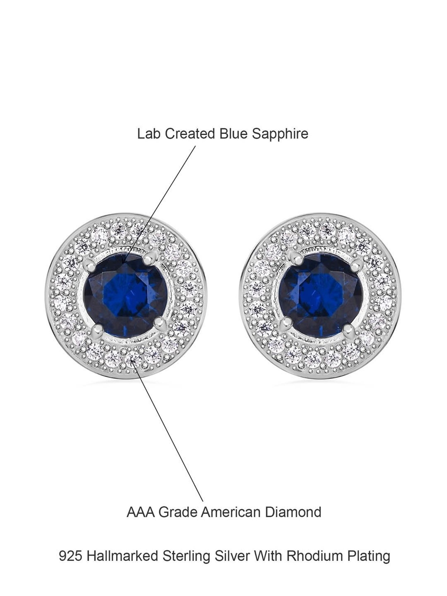 925 Silver Solitaire Blue Sapphire and American Diamond Halo Stud Earrings for Women & Girls