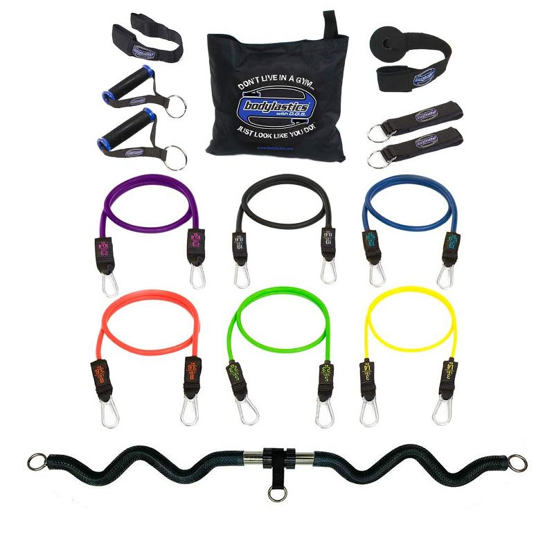 Bodylastics BLSET09 XT High Quality 15 Piece Full Body Exercise Equipment Set with Collapsible Resistance Bands Bar, Bands, Handles, and Anchors