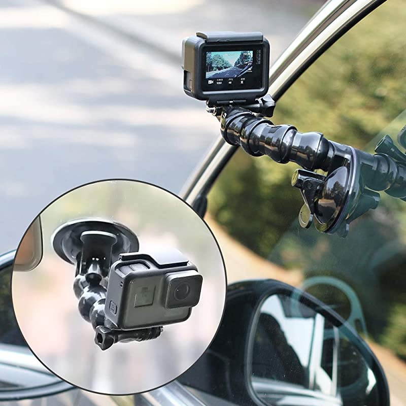 Gooseneck Extension Suction Cup Car Mount Holder with Phone Holder for GoPro Hero 8765 Black4 Session4 Silver3+iPhoneSamsung GalaxyGoogle Pixel and More