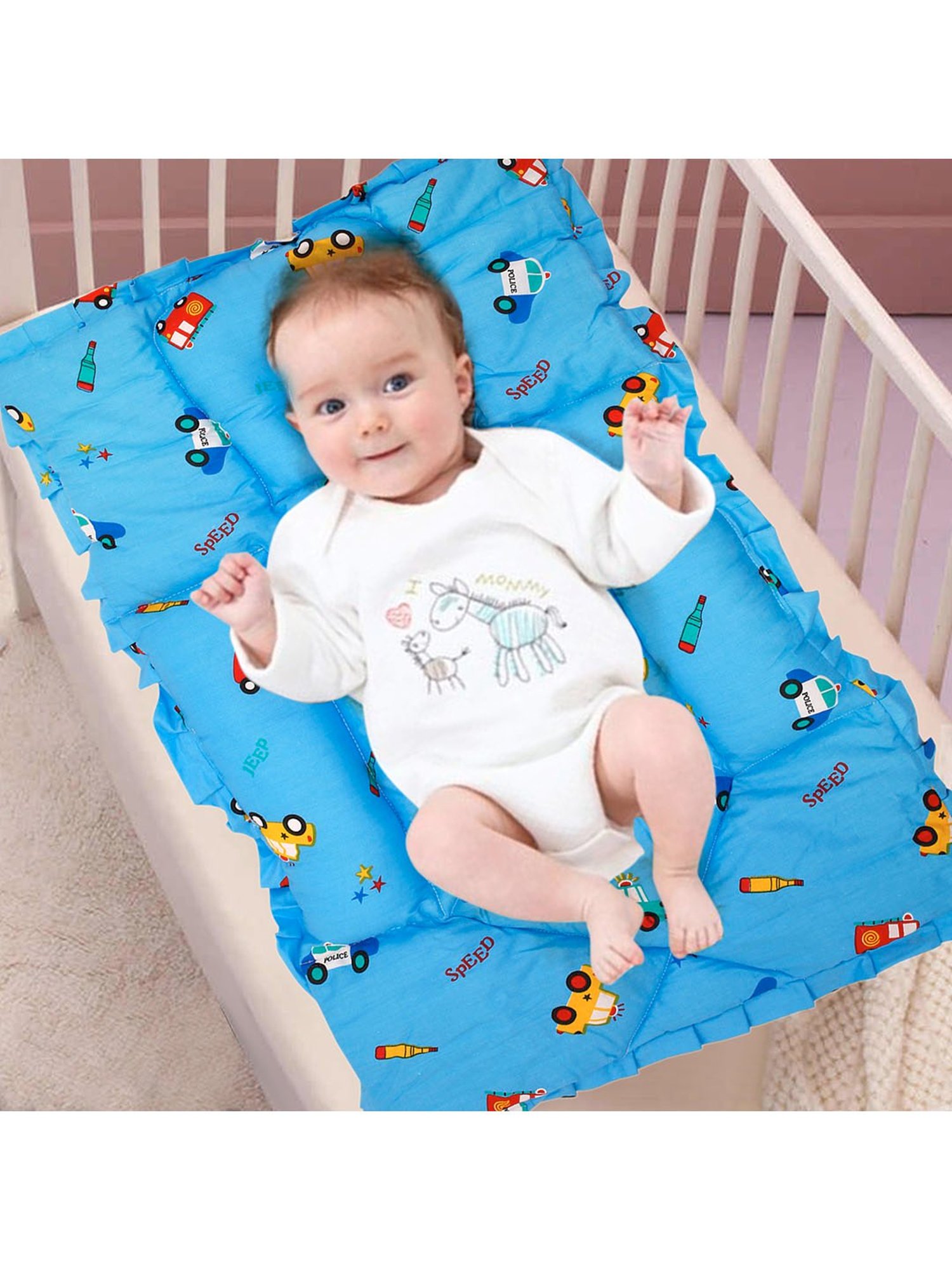 Baby Moo Catch Me If You Can Blue Mattress with Fixed Neck Pillow and Bolsters
