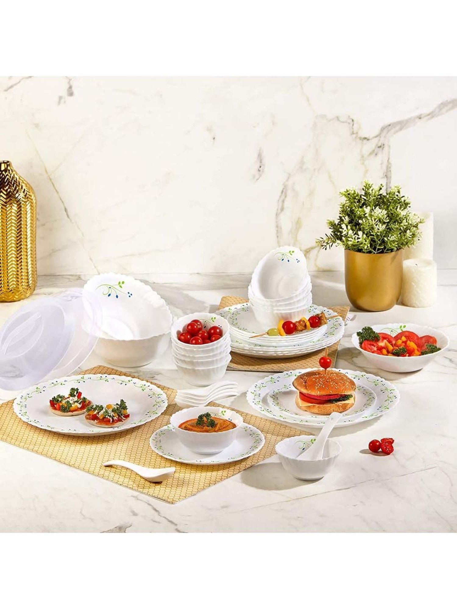 Cello Tropical Lagoon Dazzle Series White & Green Glass Dinner Set