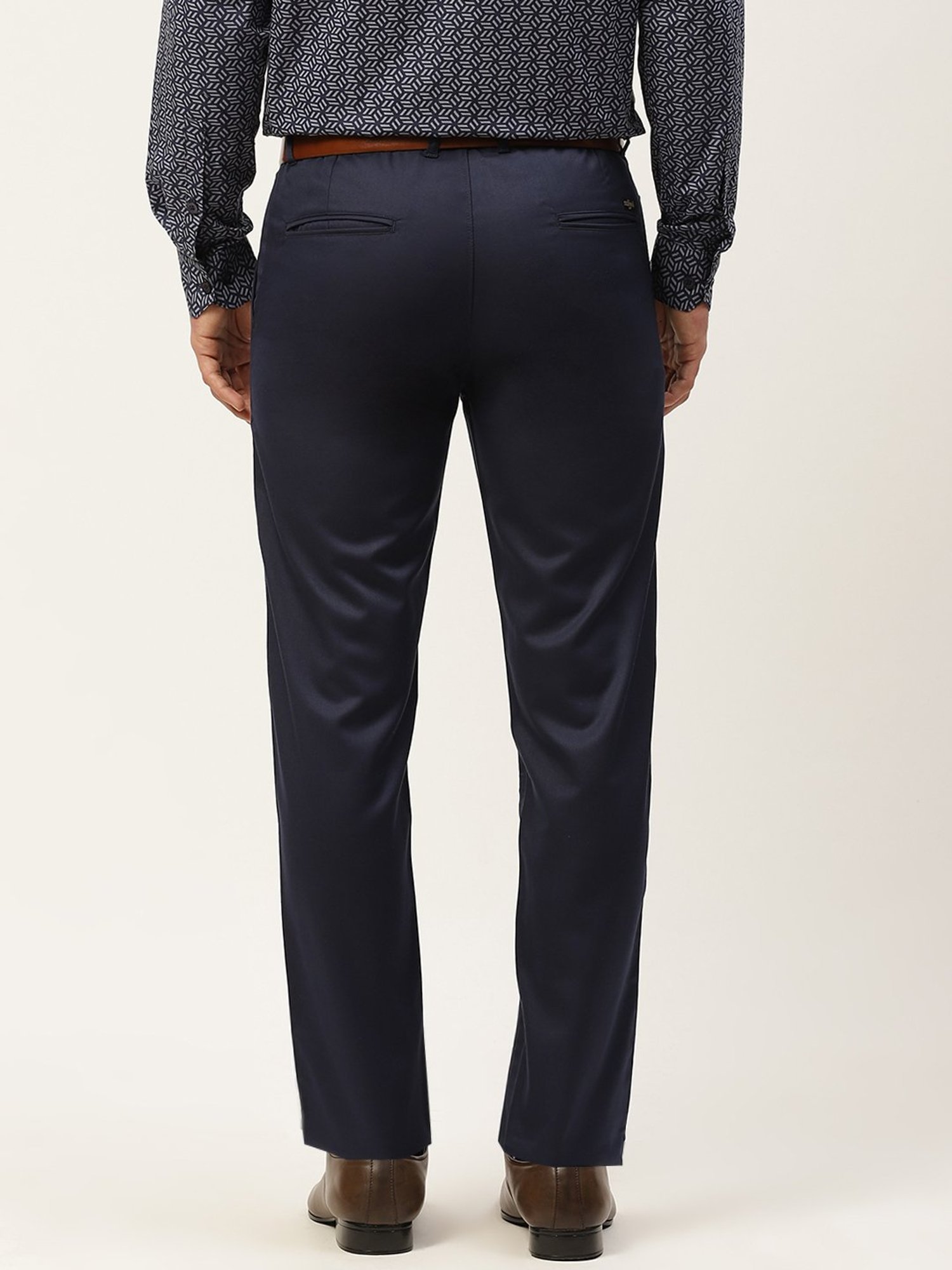 Sojanya Navy Cotton Regular Slim Fit Flat Front Trousers