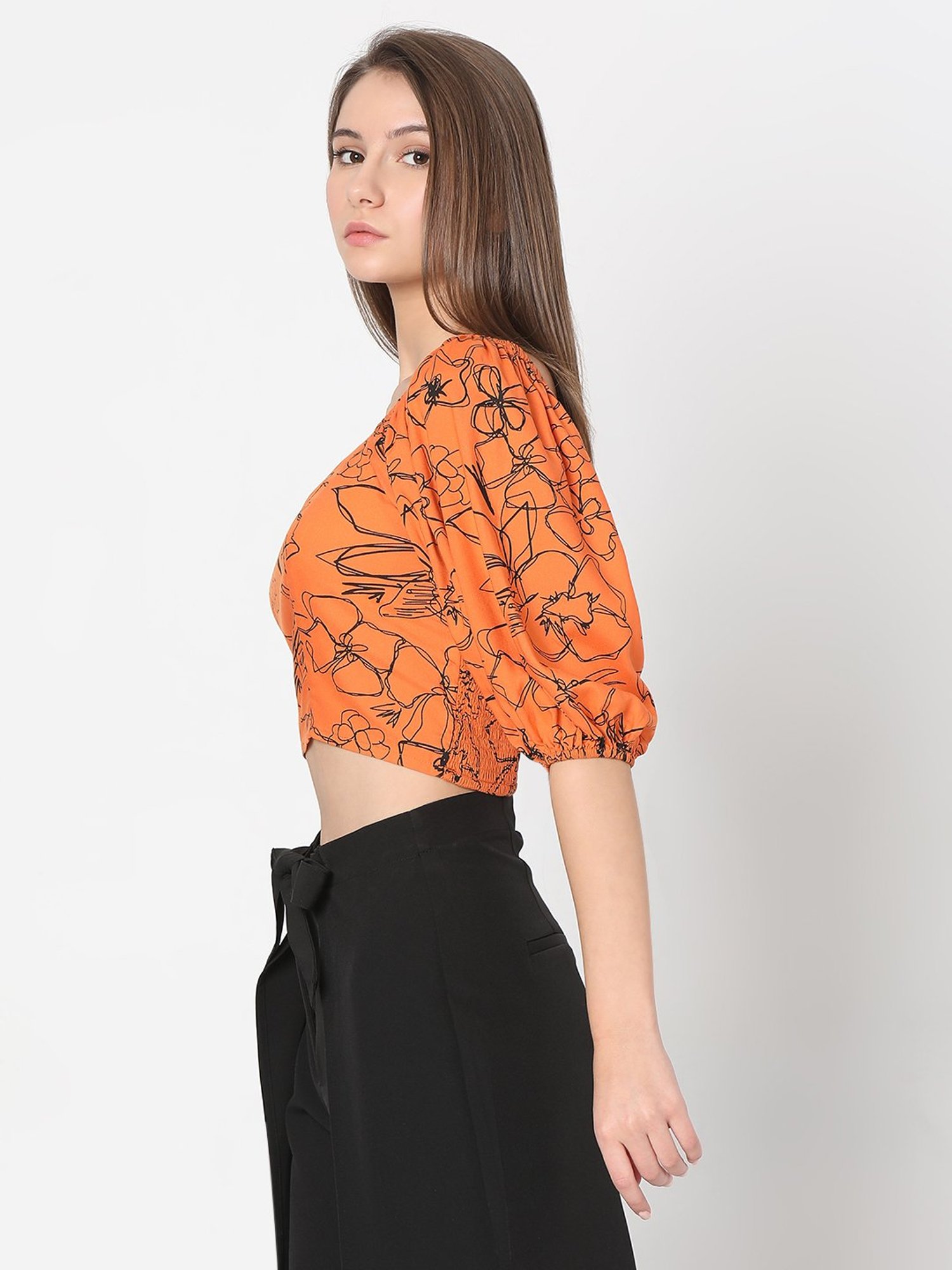 Vero Moda Orange & Black Printed Crop Top