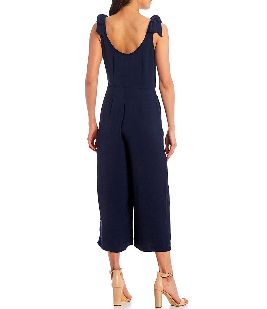Chelsea & Violet Wide Leg Button Front Washed Pique V-Neck Sleeveless Jumpsuit