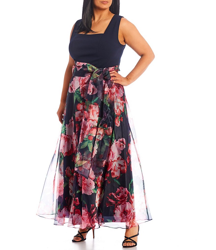 Eliza J Plus Size Square Neck Sleeveless Floral Print Bow Waist Detail Organza Ball Gown