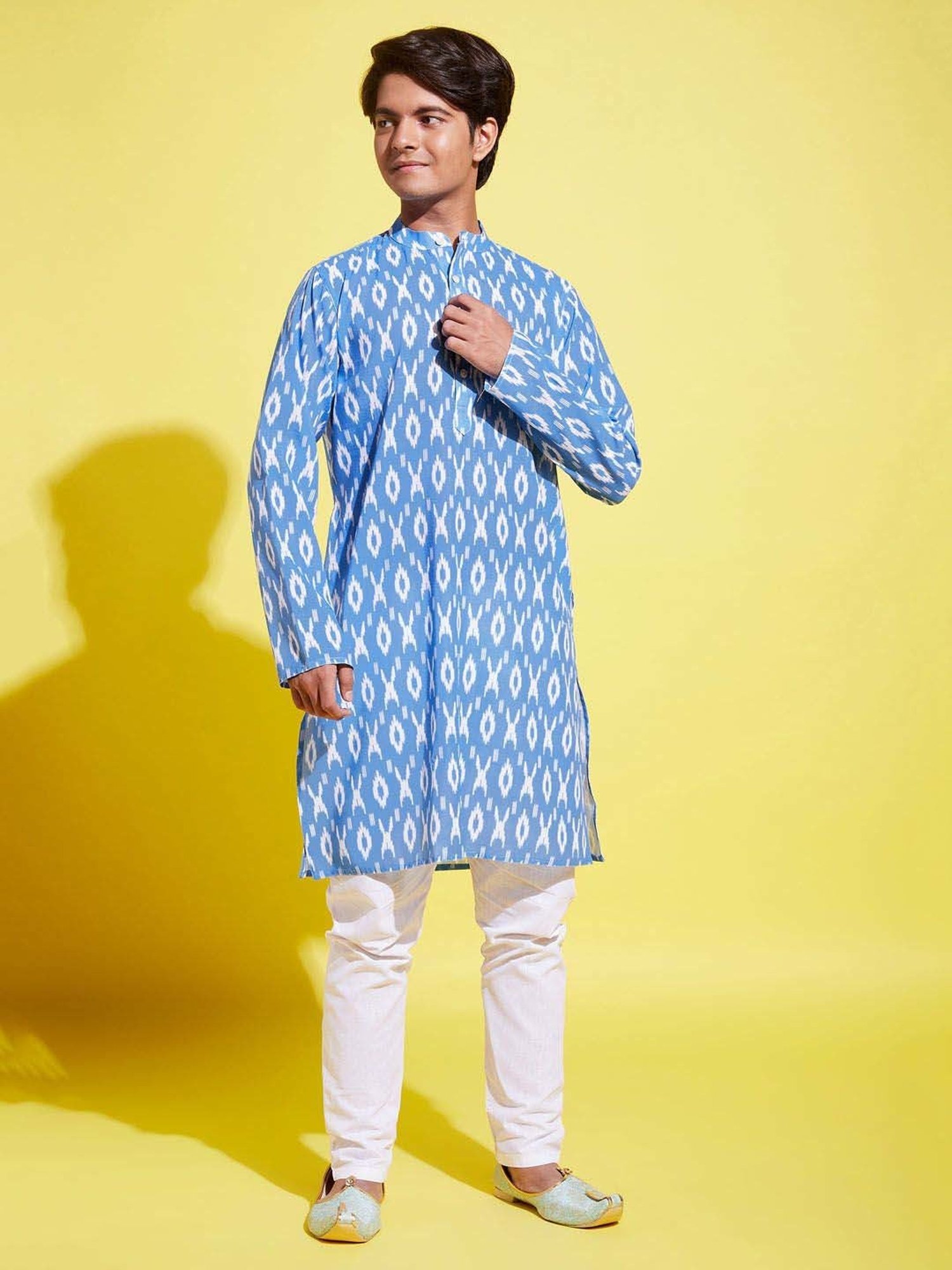 VASTRAMAY Boys Aqua Blue & White Cotton Printed Full Sleeves Kurta Sets