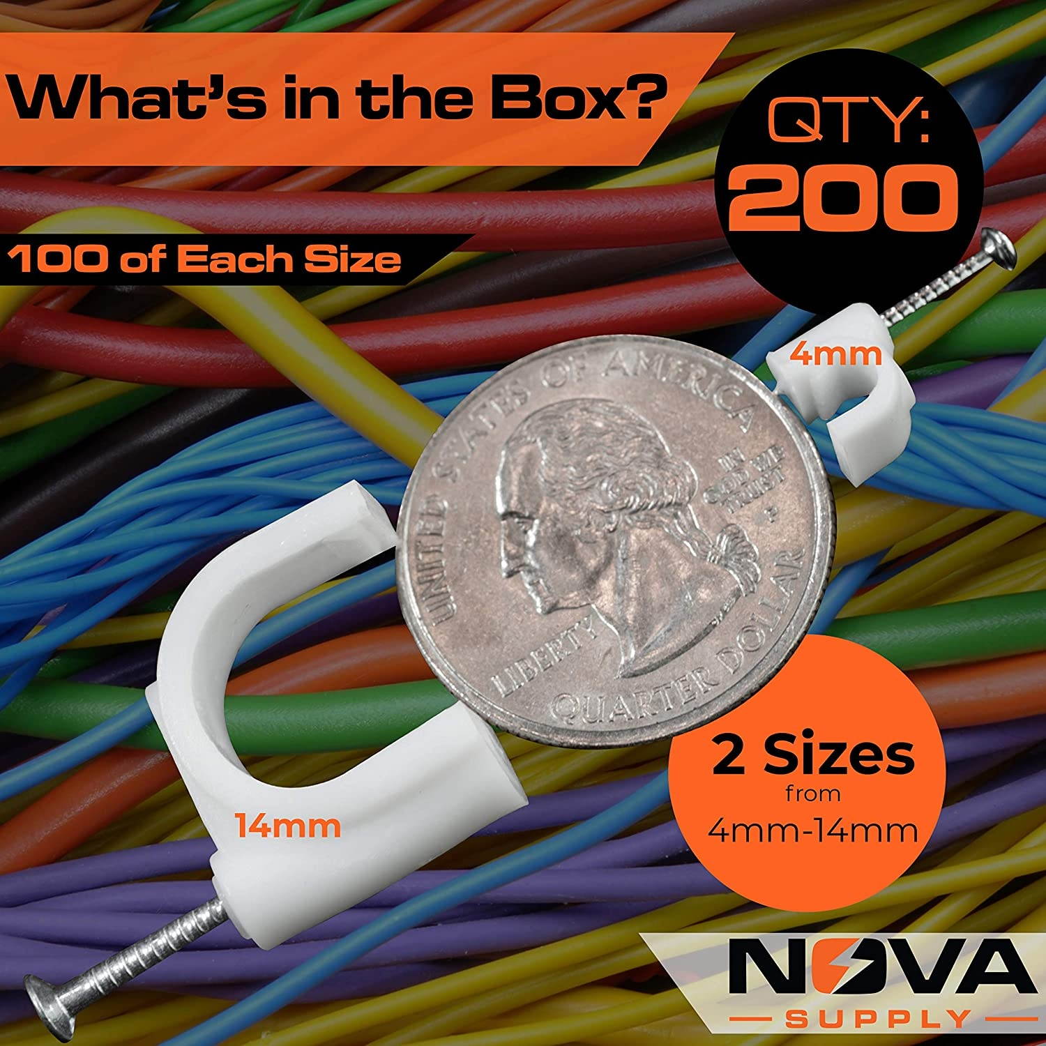 Pro-Grade, Cable Clips with Steel Nails 4mm, 14mm Wire Holders and Tacks 100 Per Size. Durable, UV Resistant Plastic Clips Help Organize Coax, Ethernet, Cat5, Cat6 and Other Cords.