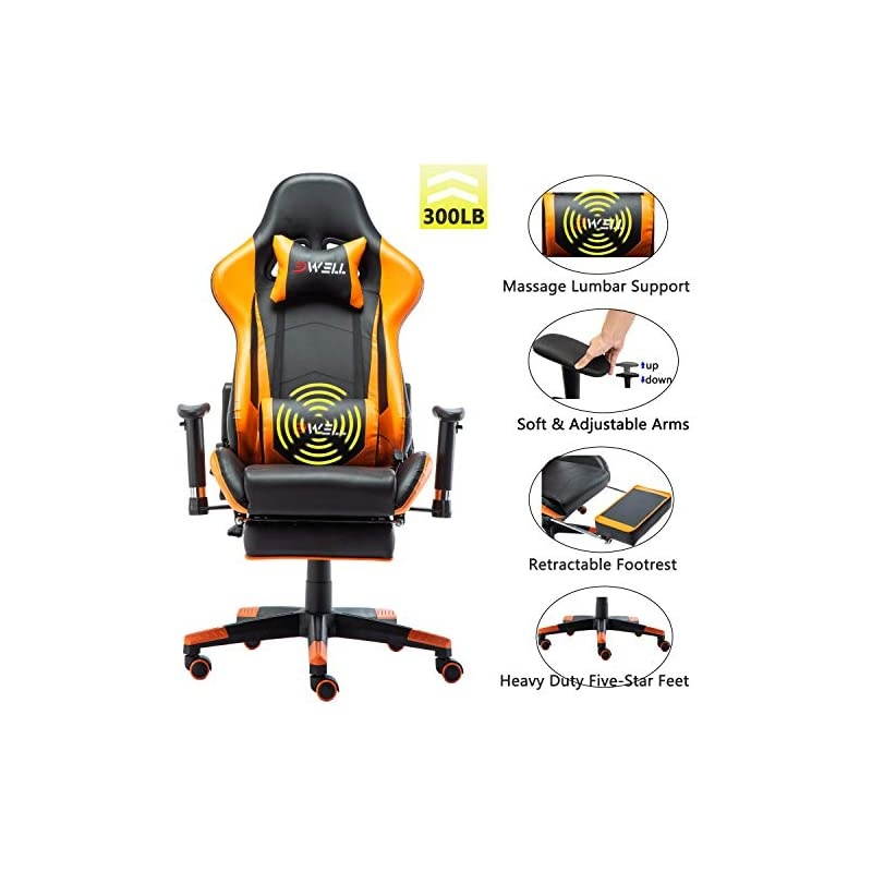 Office Chair Gaming Chair with Footrest Computer Chair Desk Chair PU Leather Executive Ergonomic Adjustable Chair with Headrest and Lumbar Support (Black&Orange)