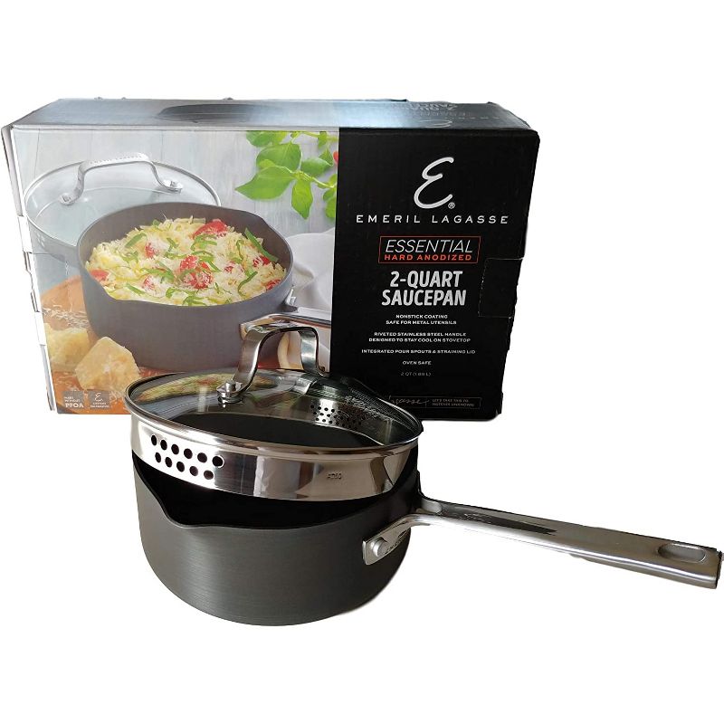Emeril Lagasse Nonstick Hard Anodized Versatile 2 Quart Cooking Sauce Pan with Easy Pour Spout and Straining Lid, Gray (2 Pack)