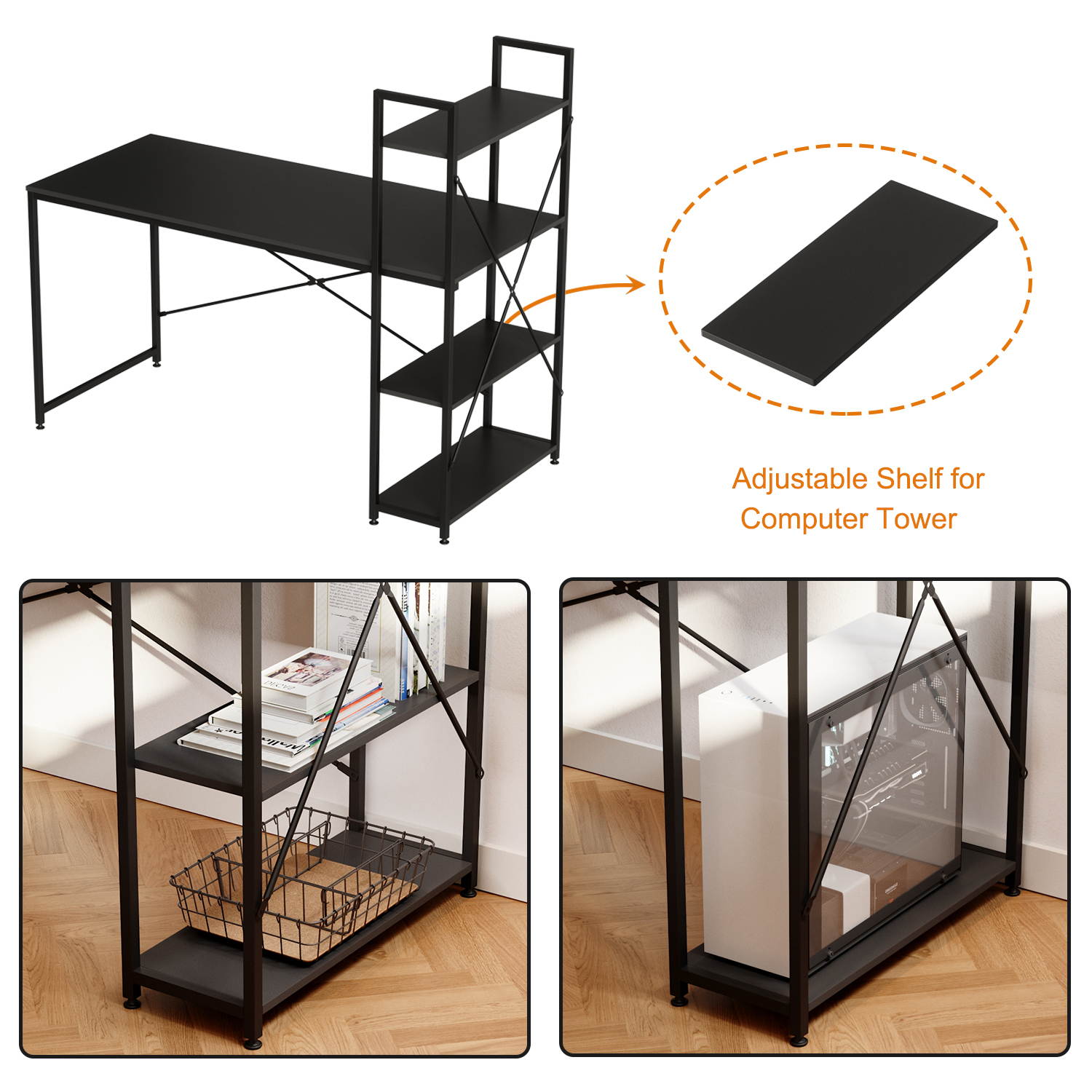 Bestier 63 Inch Computer Desk with Storage Shelves, Modern Bookshelf Desk with Headphone Hook Large Workstation Writing Desk with Reversible Bookshelves Home Office Work Table Study Desk Grey