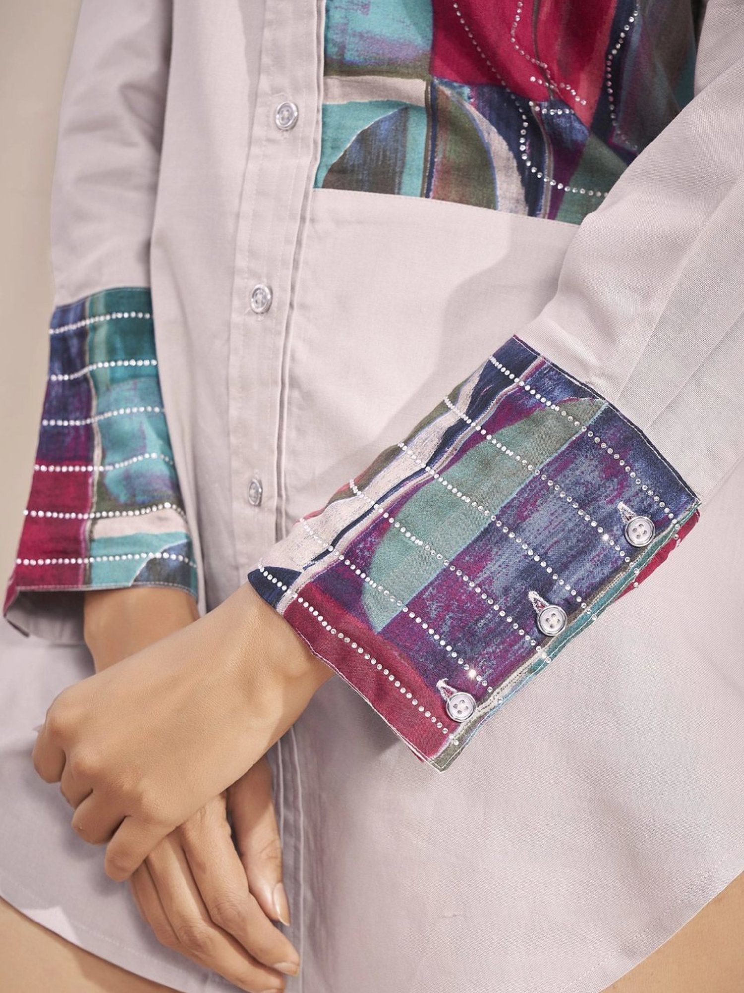 Kaftanize Grey Cotton Kameez Shirt with Digital Print Patch and Rhinestone