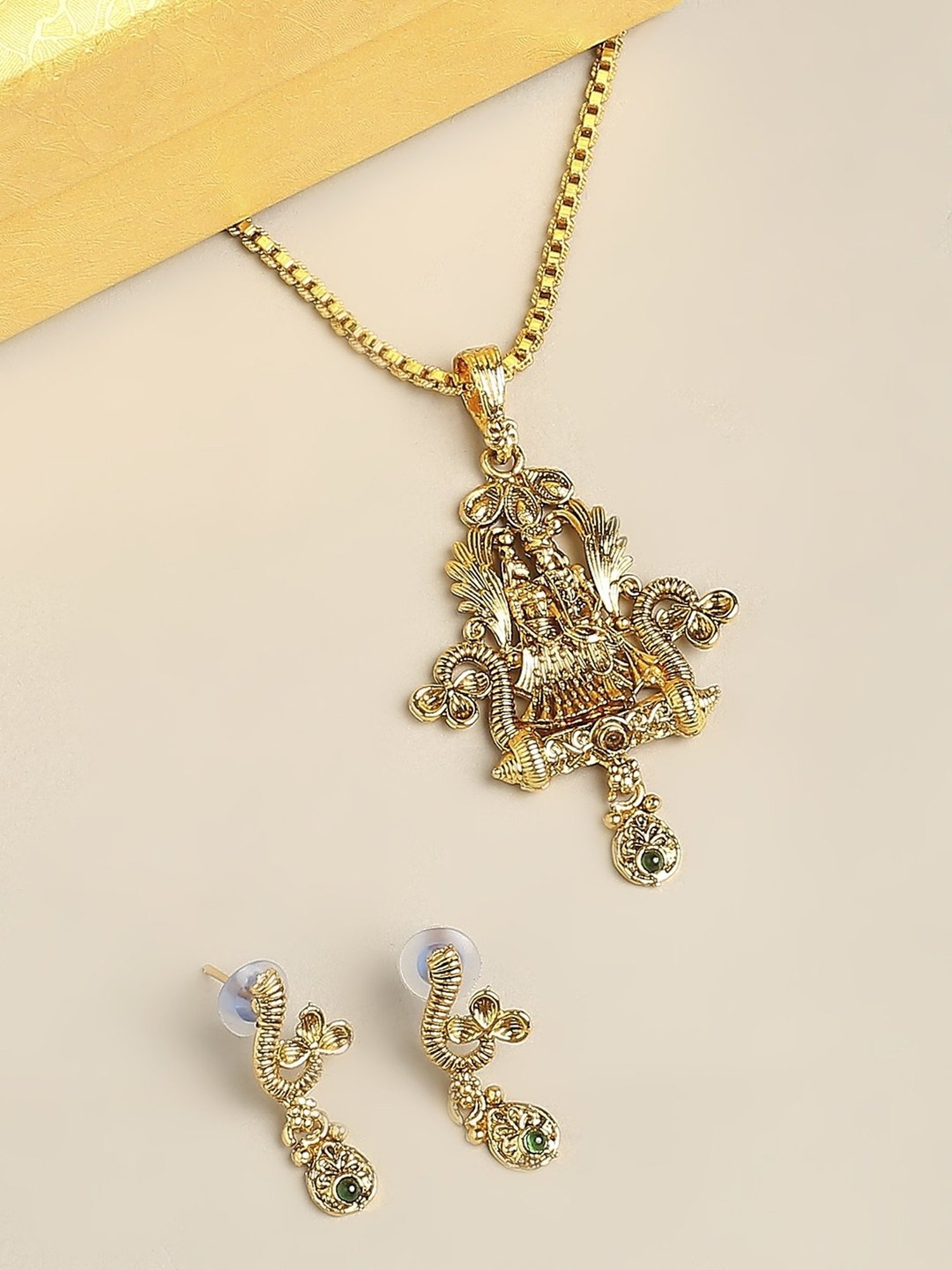 Oomph Antique Gold Tone Ethnic Temple Jewellery Radhe Krishna Pendant Necklace Set