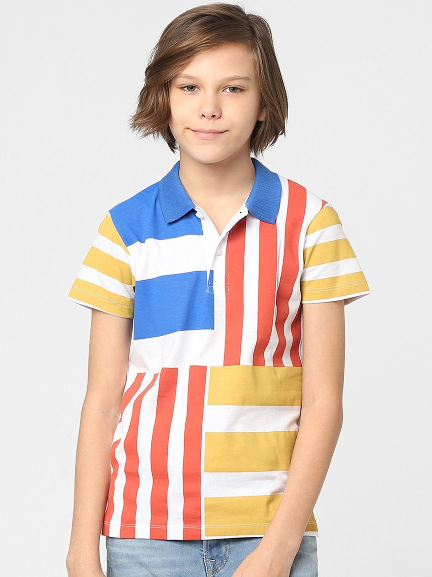 Jack & Jones Junior Boys Orange & Blue Cotton Striped Polo T-Shirt